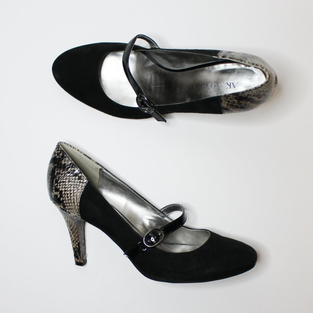 Anne Klein Black Suede Mary Jane Pumps with Snake-Print Heel Accent